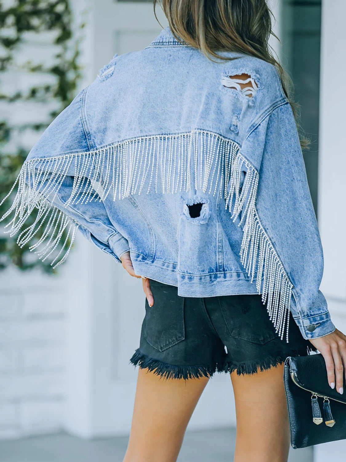 Distressed Fringe Denim Jacket-Angel Casuals