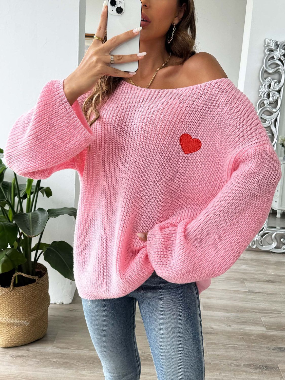 Heart Boat Neck Dropped Shoulder Sweater-Angel Casuals