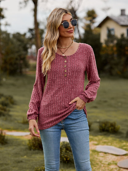 Round Neck Button-Down Long Sleeve Tee-Angel Casuals