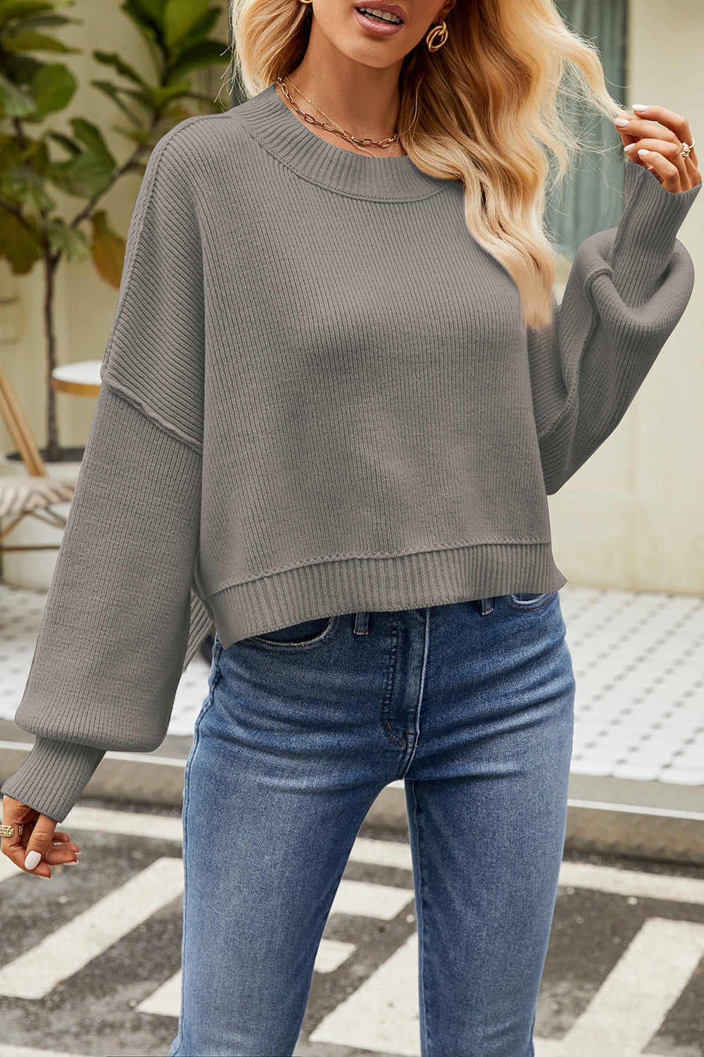 Round Neck Dropped Shoulder Sweater-Angel Casuals