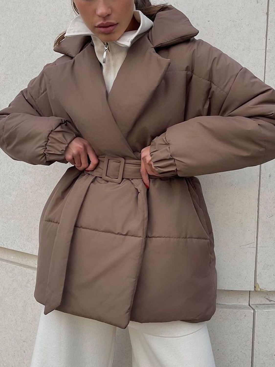 Puffer Long Sleeve Winter Coat with Belt-Angel Casuals