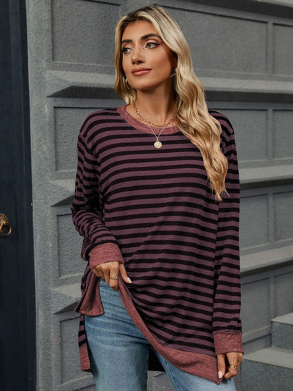 Striped Round Neck Long Sleeve T-Shirt-Angel Casuals