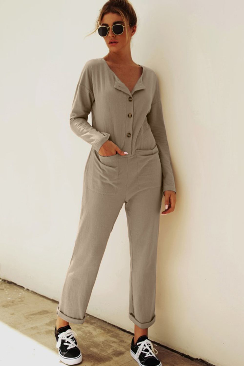 Buttoned Drop Shoulder Pocket Jumpsuit-Angel Casuals