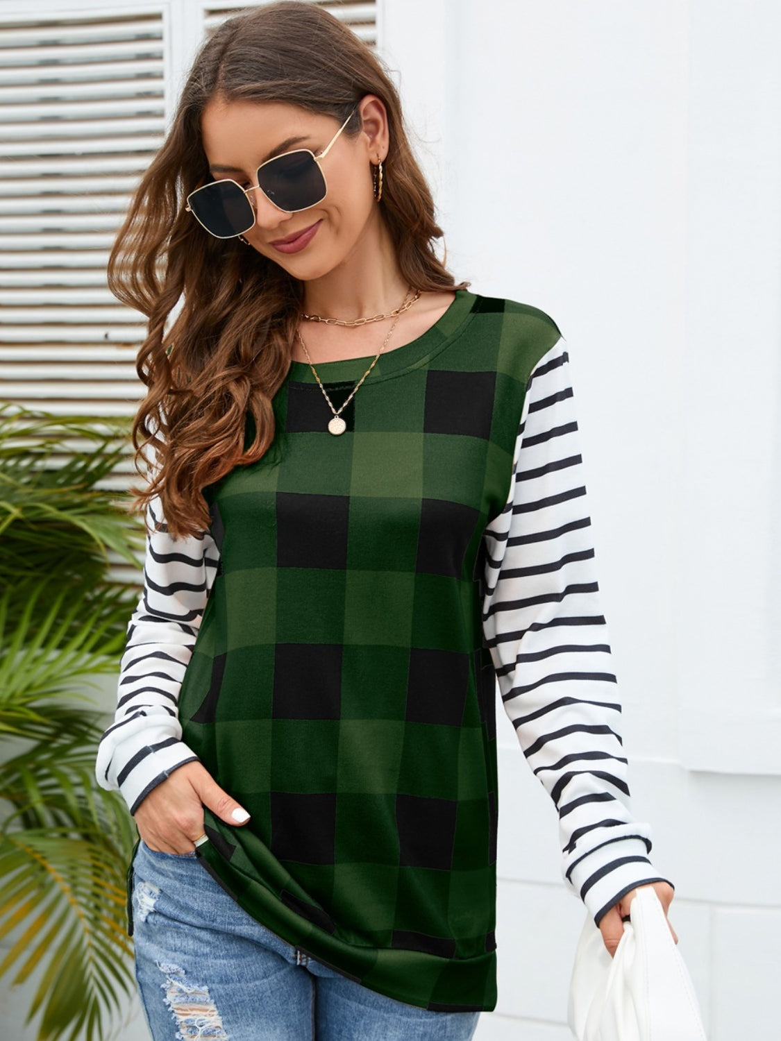 Plaid Striped Round Neck Long Sleeve T-Shirt-Angel Casuals