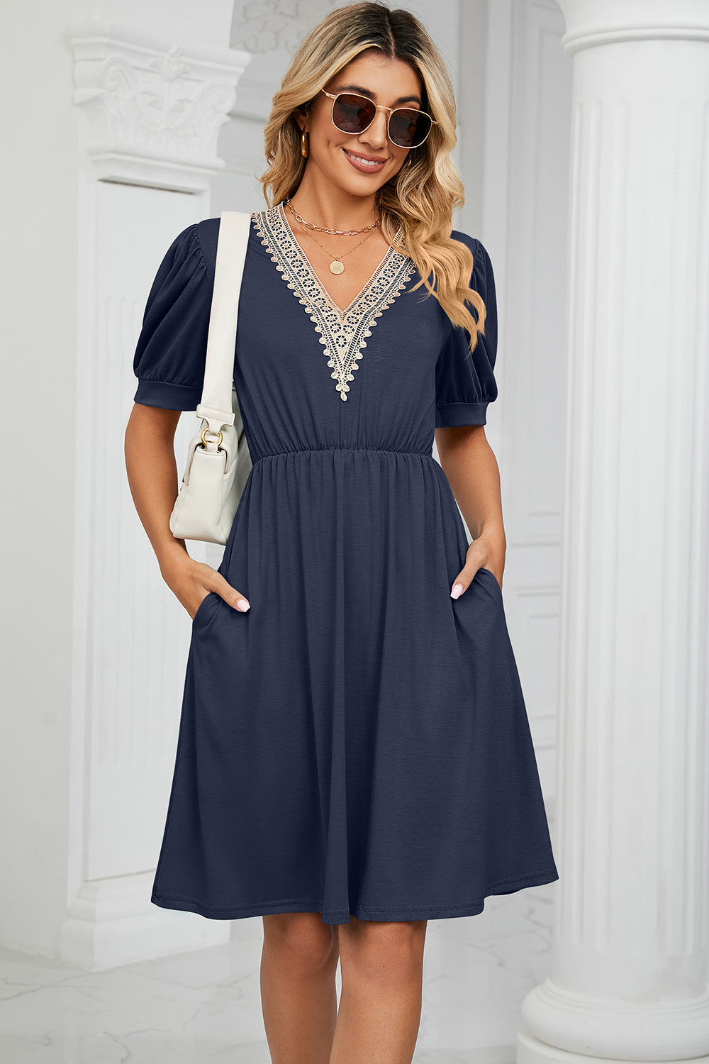 V-Neck Puff Sleeve Dress-Angel Casuals