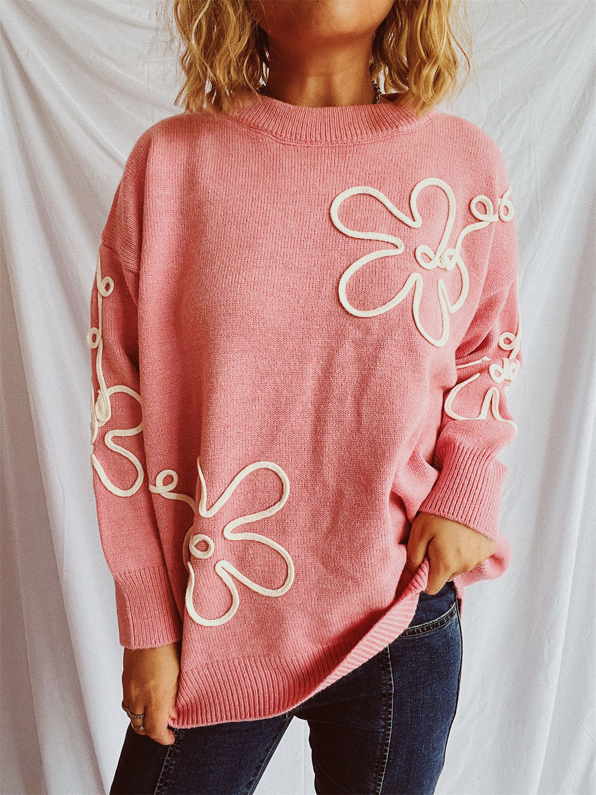 Flower Round Neck Long Sleeve Sweater-Angel Casuals