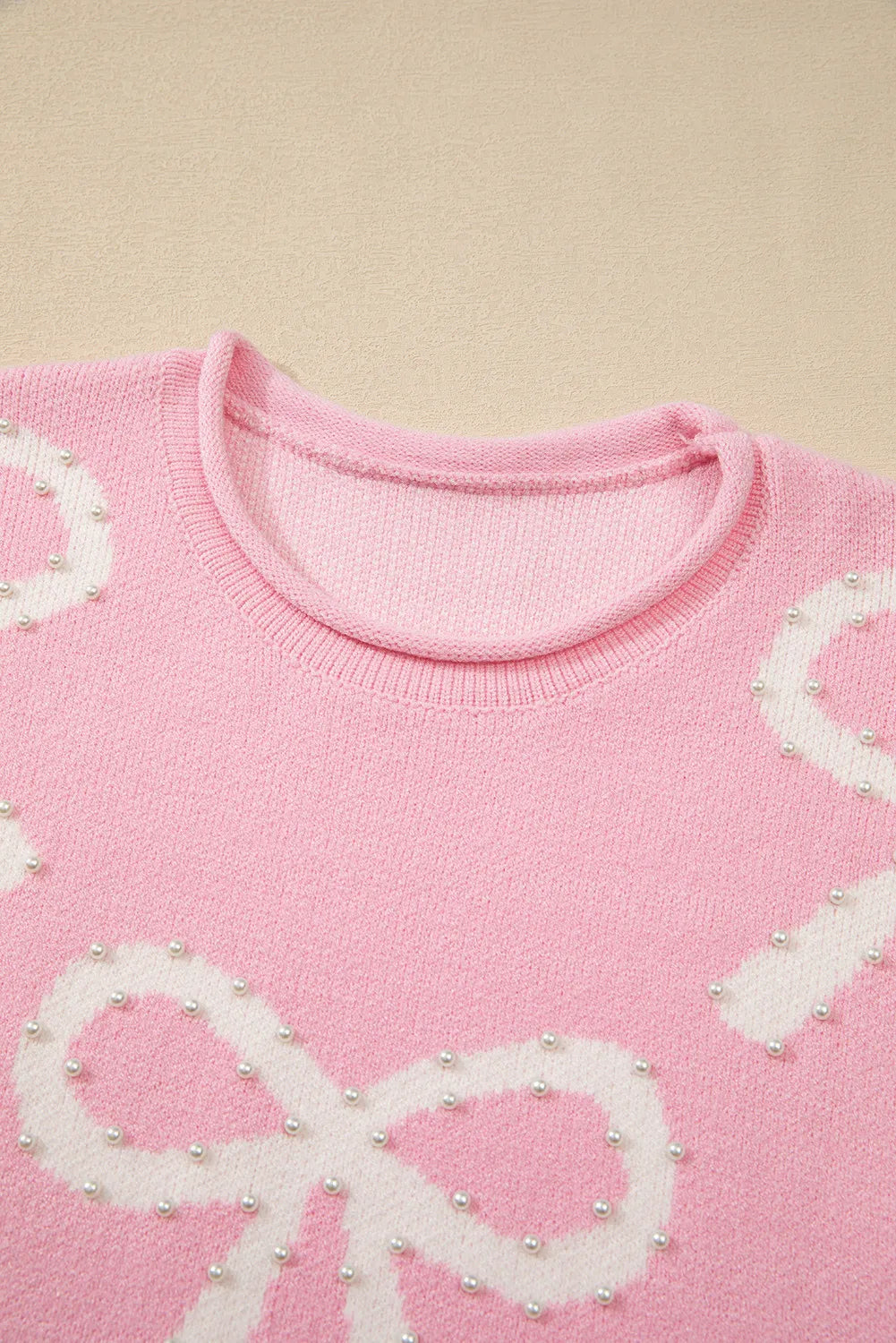 Pearl Detail Bow Round Neck Long Sleeve Sweater-Angel Casuals