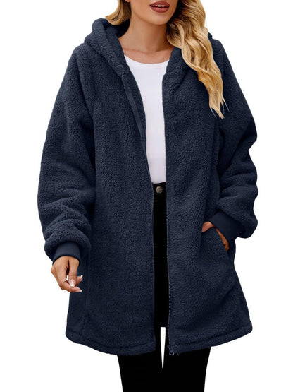 Fuzzy Pocketed Zip Up Long Sleeve Hooded Jacket-Angel Casuals