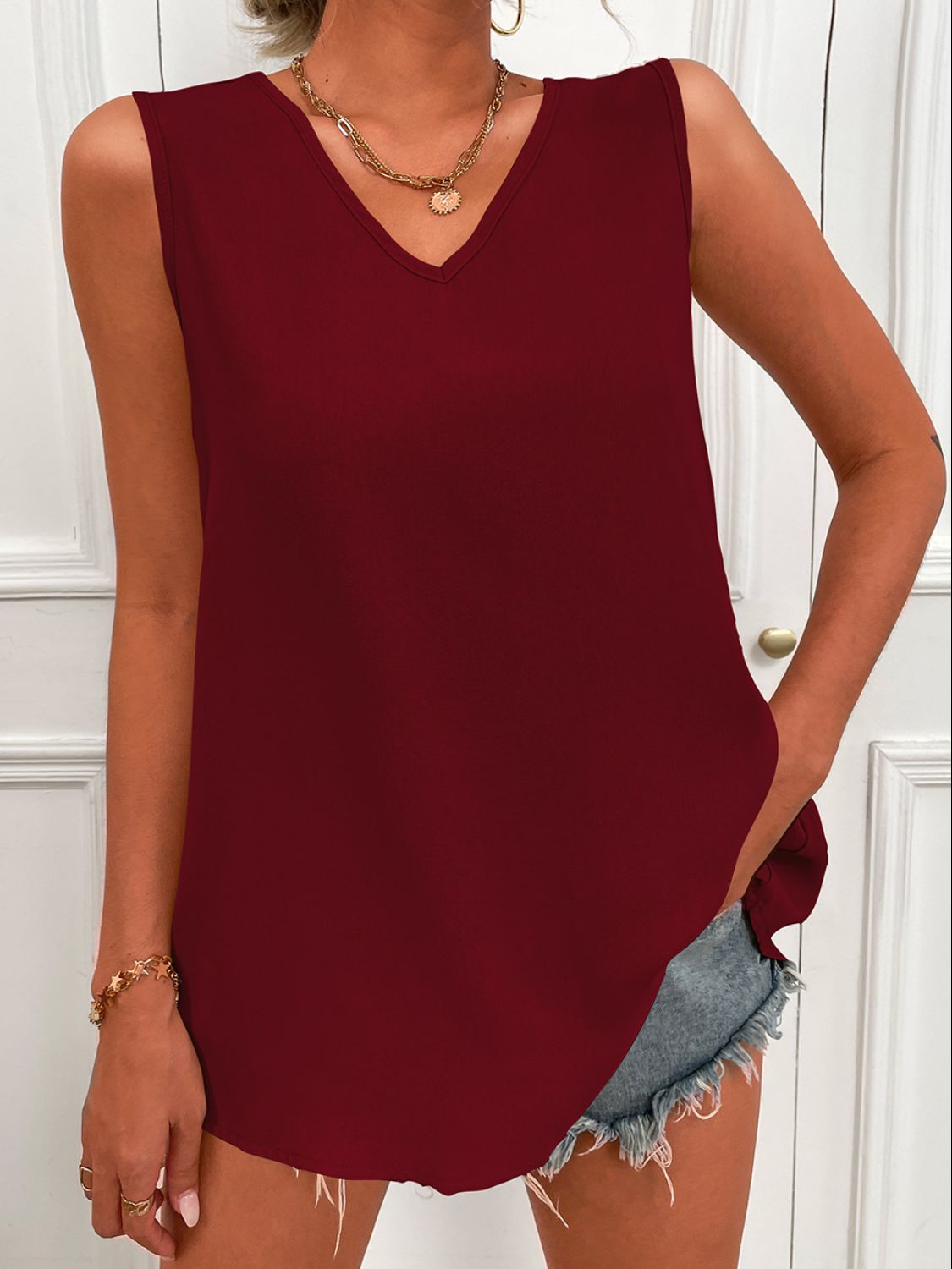 V-Neck Curved Hem Tunic Tank-Angel Casuals