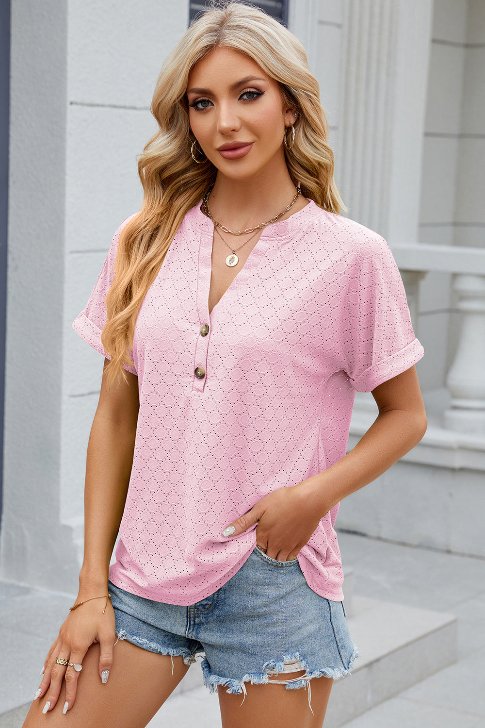 Eyelet Notched Short Sleeve T-Shirt-Angel Casuals