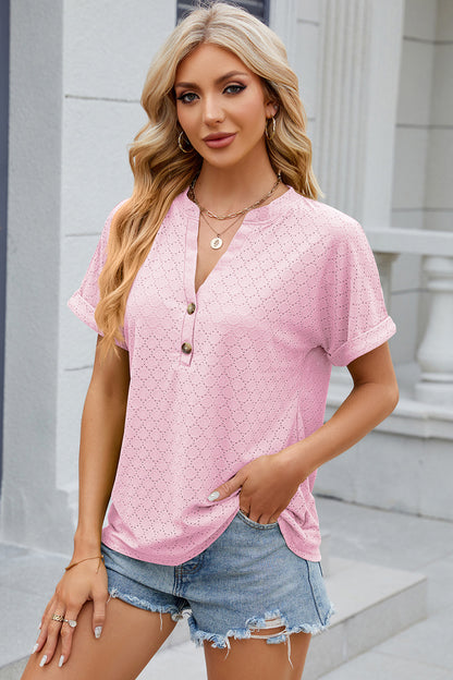Eyelet Notched Short Sleeve T-Shirt-Angel Casuals
