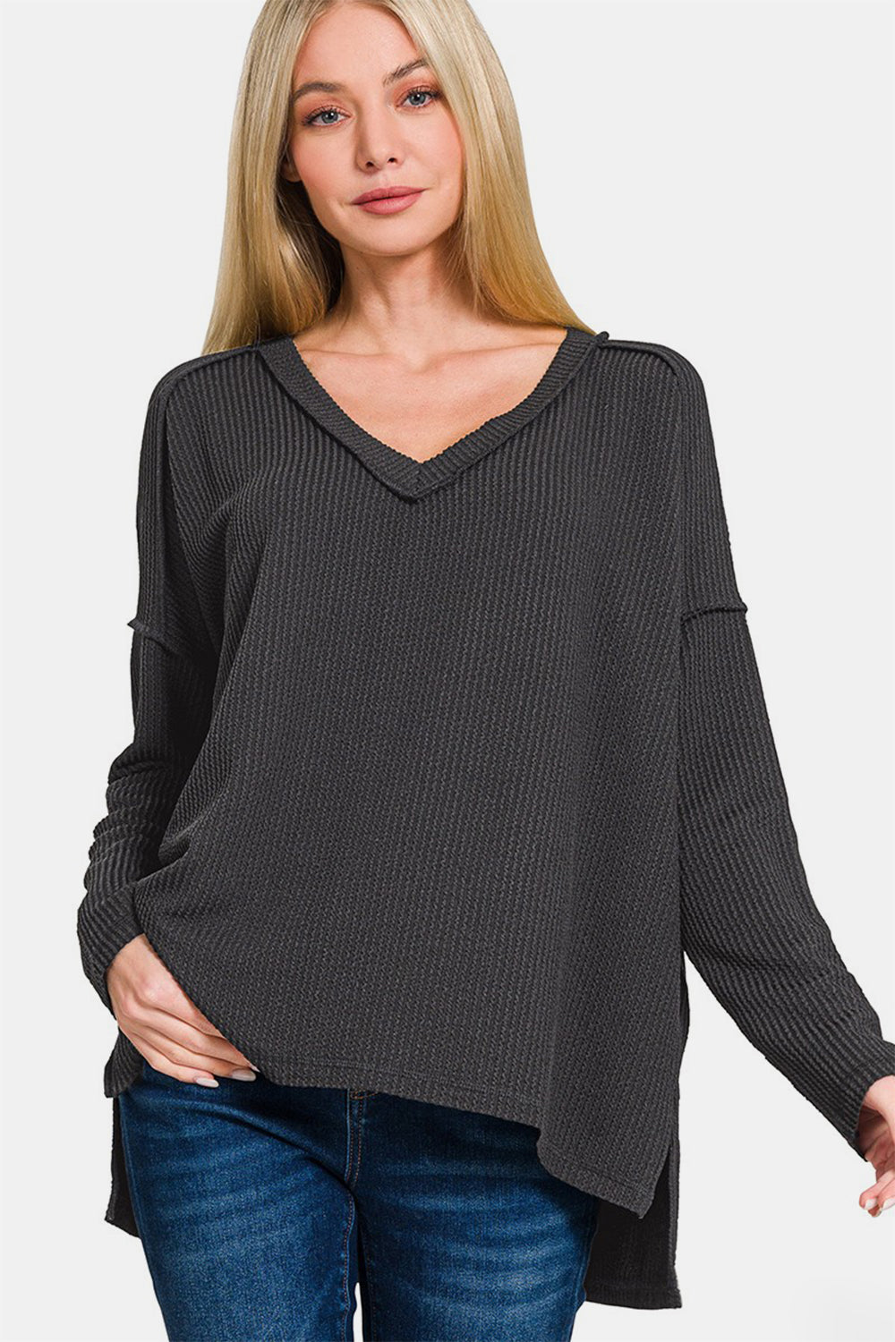 Zenana Texture Exposed Seam V-Neck Long Sleeve T-Shirt-Angel Casuals