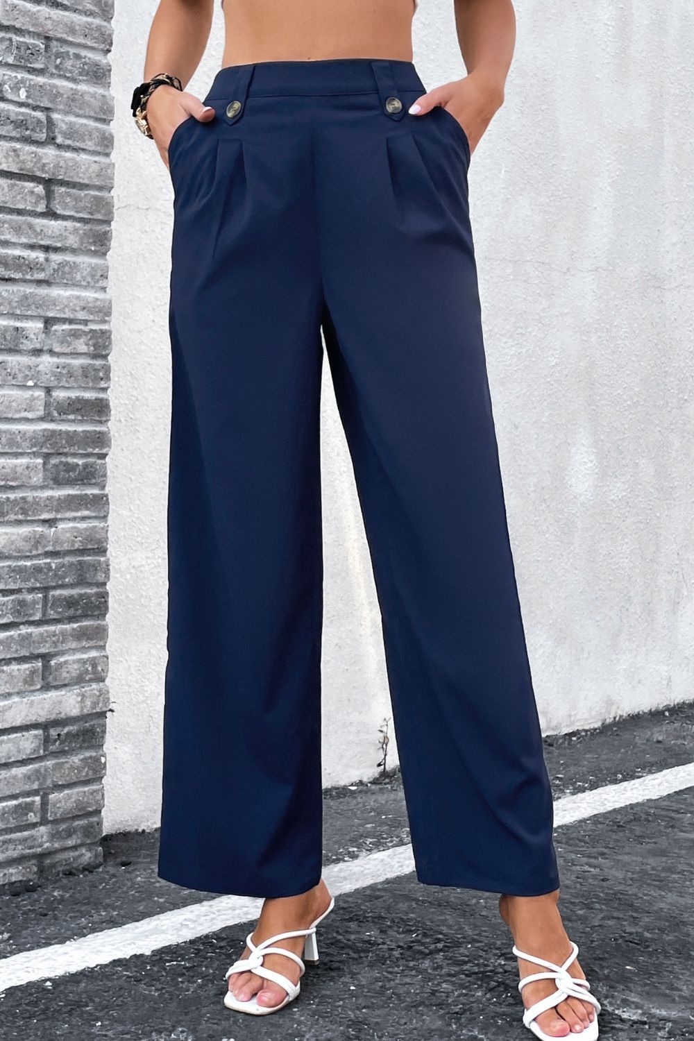 High-Rise Pleated Waist Wide Leg Pants-Angel Casuals