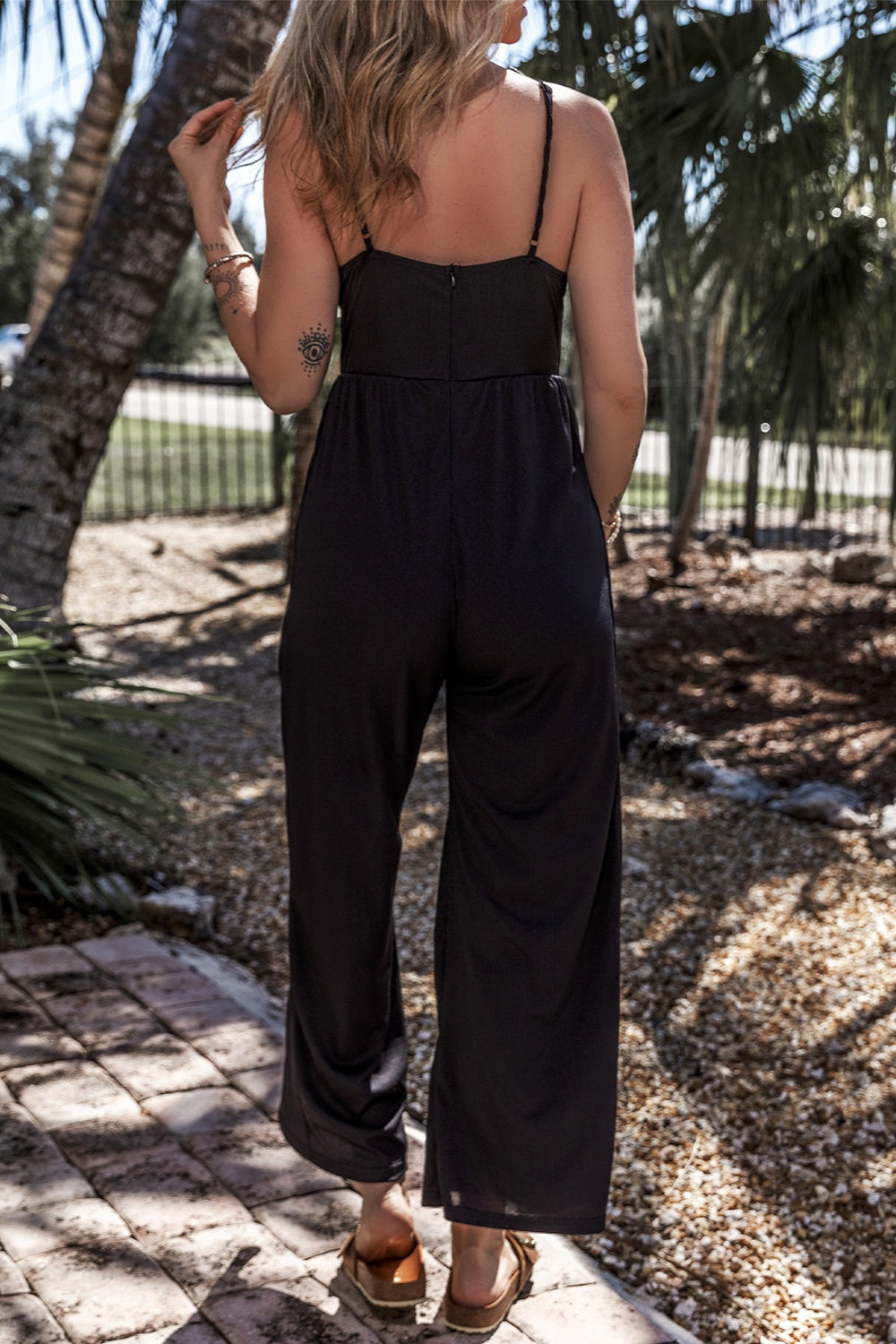 Surplice Spaghetti Strap Wide Leg Jumpsuit-Angel Casuals