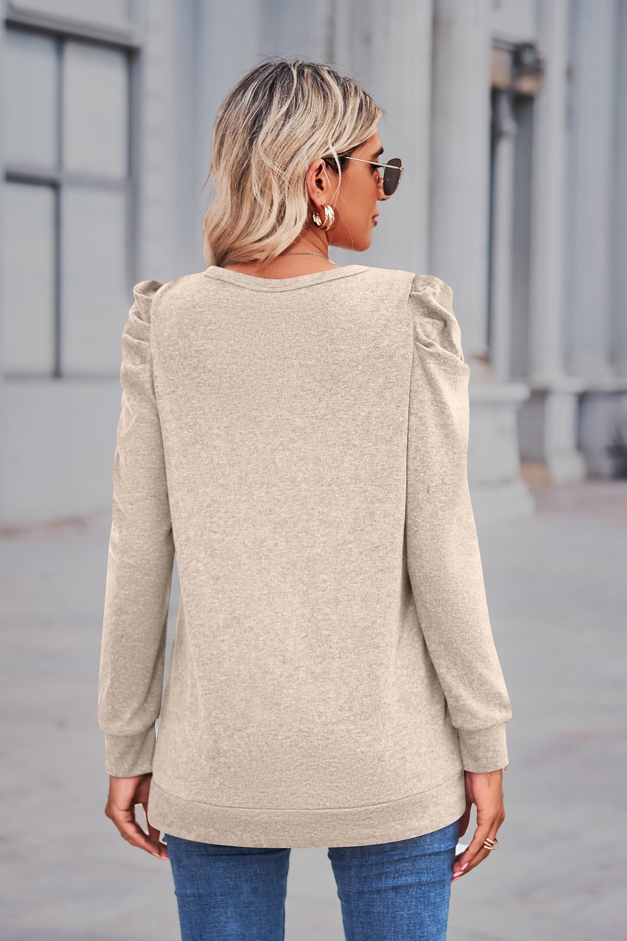 Heathered Puff Sleeve Round Neck Tunic Top-Angel Casuals