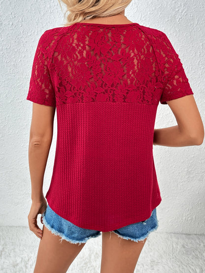 Lace Detail V-Neck Short Sleeve T-Shirt-Angel Casuals