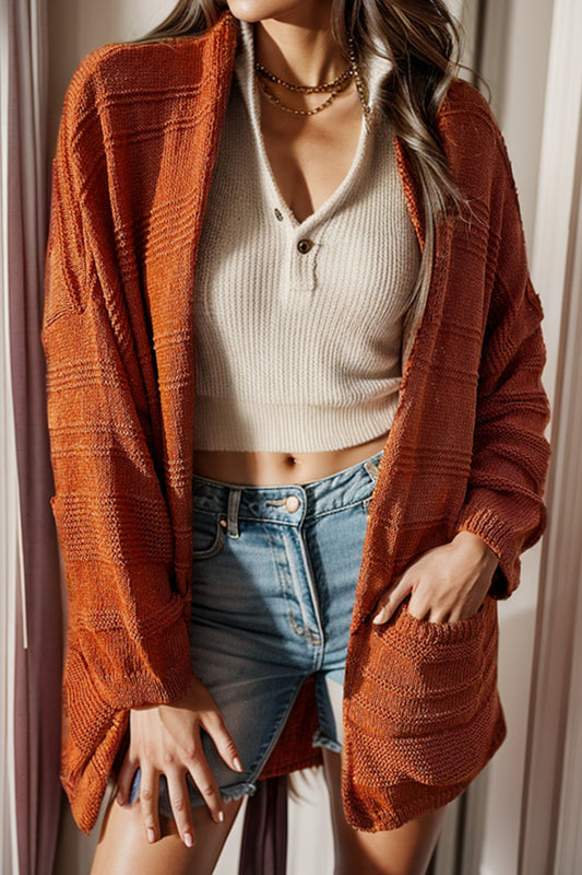 Open Front Textured Cardigan with Pockets-Angel Casuals