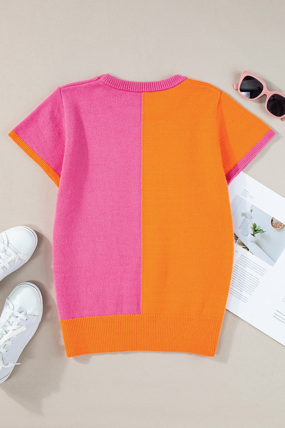 Contrast Round Neck Cap Sleeve Sweater-Angel Casuals