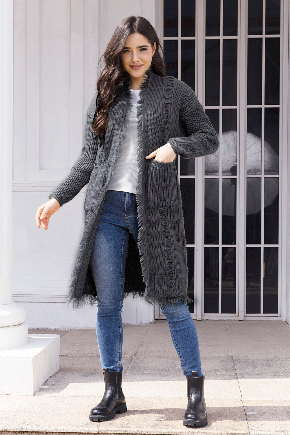 Fringe Trim Open Front Cardigan with Pockets-Angel Casuals