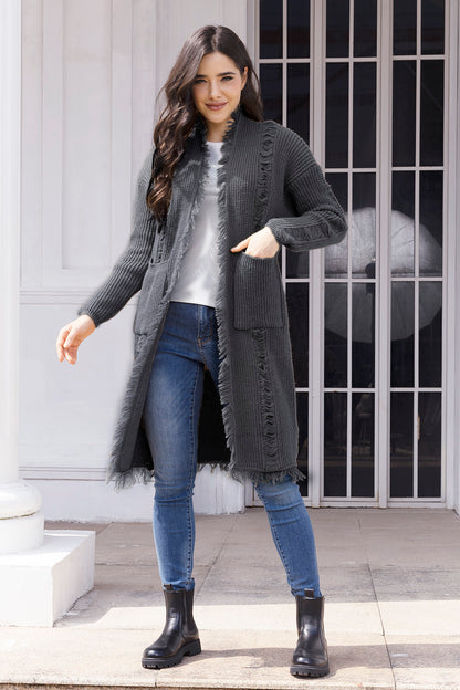 Fringe Trim Open Front Cardigan with Pockets-Angel Casuals