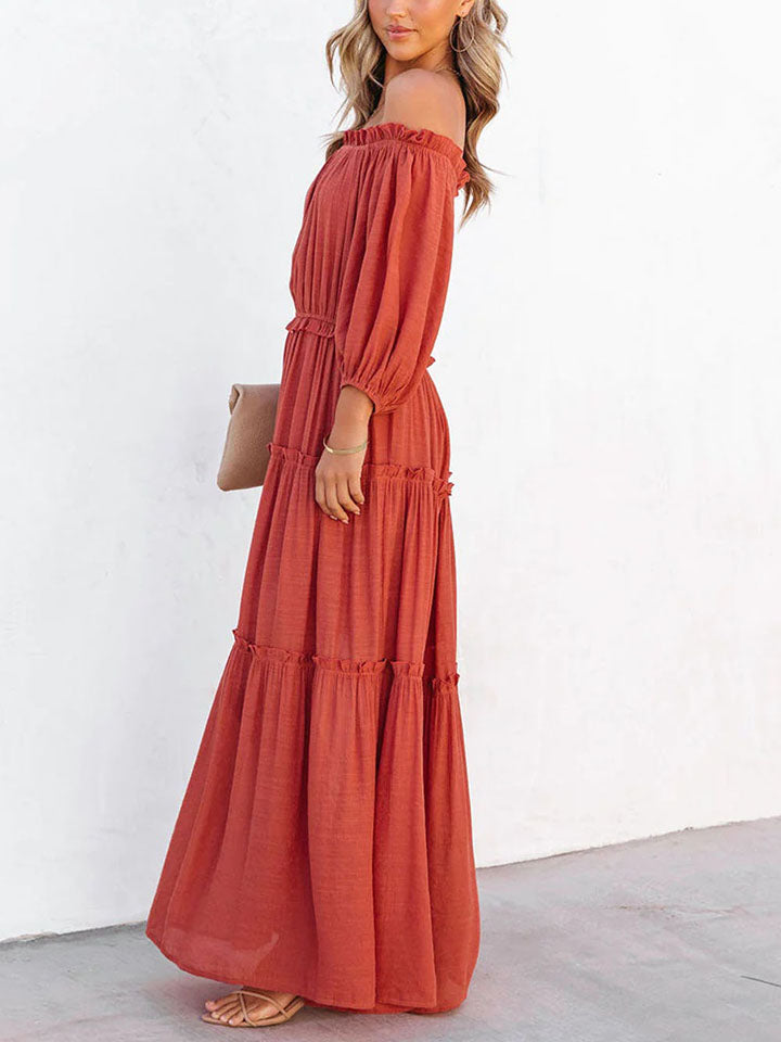 Ruffle Trim Off Shoulder Long Sleeve Maxi Dress-Angel Casuals