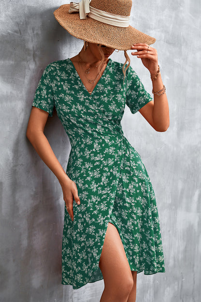 Floral Surplice Neck Flutter Sleeve Dress-Angel Casuals