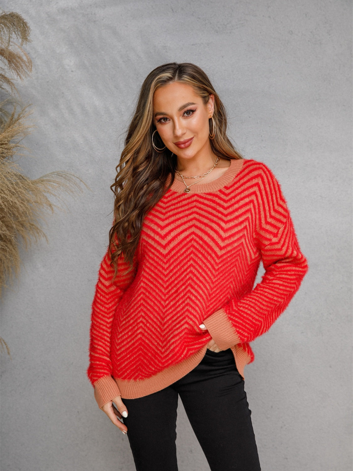 Angel Wings Striped Round Neck Dropped Shoulder Sweater-Angel Casuals