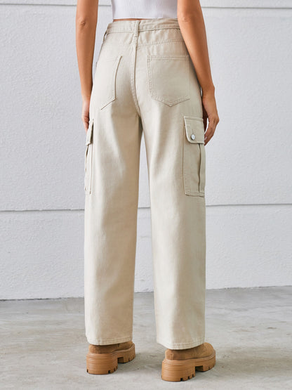 Drawstring Mid-Rise Waist Straight Cargo Jeans-Angel Casuals