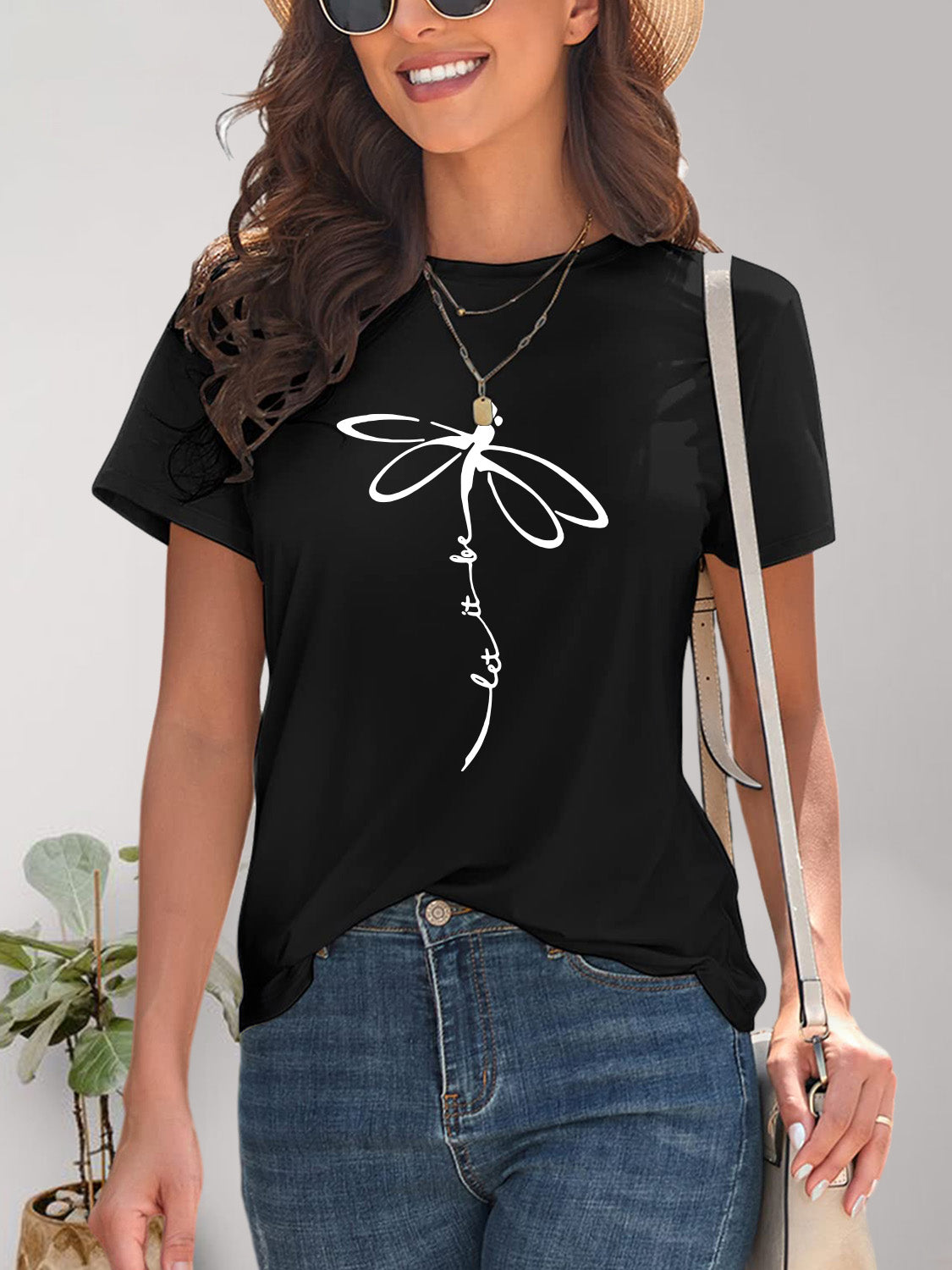 Dragonfly Graphic Round Neck Short Sleeve T-Shirt-Angel Casuals