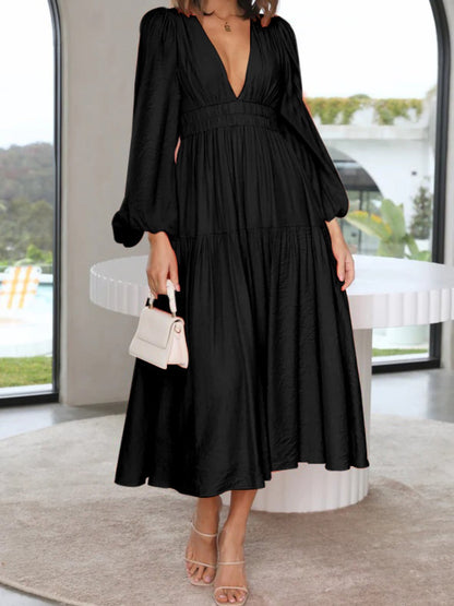 Deep V-Neck Balloon Sleeve Plain Maxi Dress-Angel Casuals