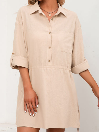 Drawstring Half Button Roll-Tab Sleeve Dress-Angel Casuals