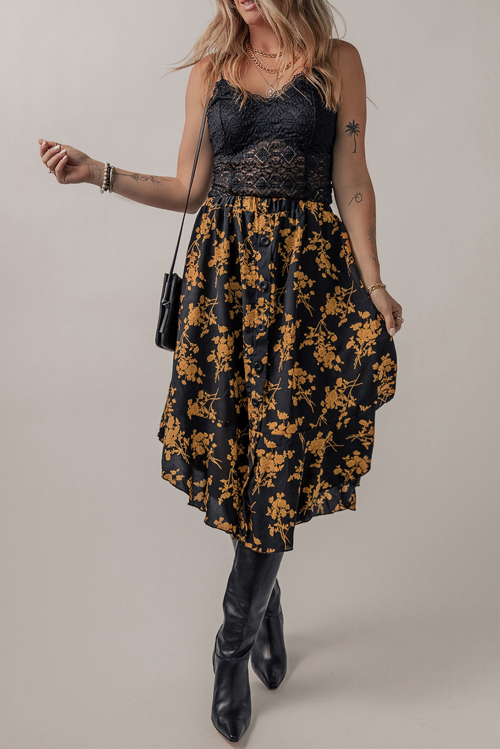 Floral Buttoned Ruffle Hem Skirt-Angel Casuals