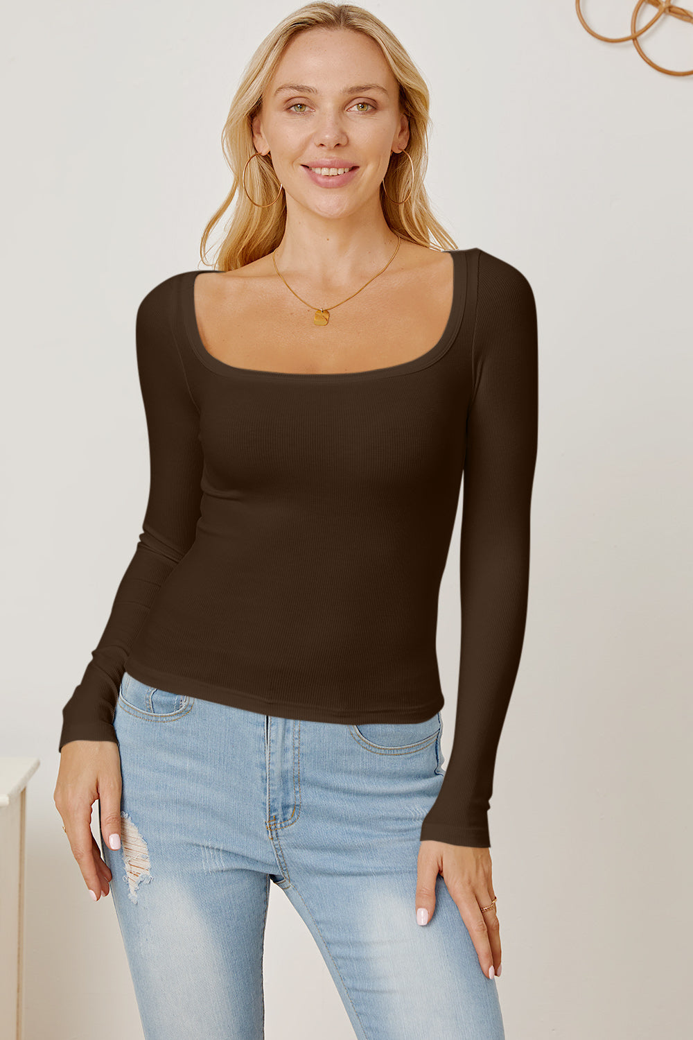 Square Neck Long Sleeve T-Shirt-Angel Casuals