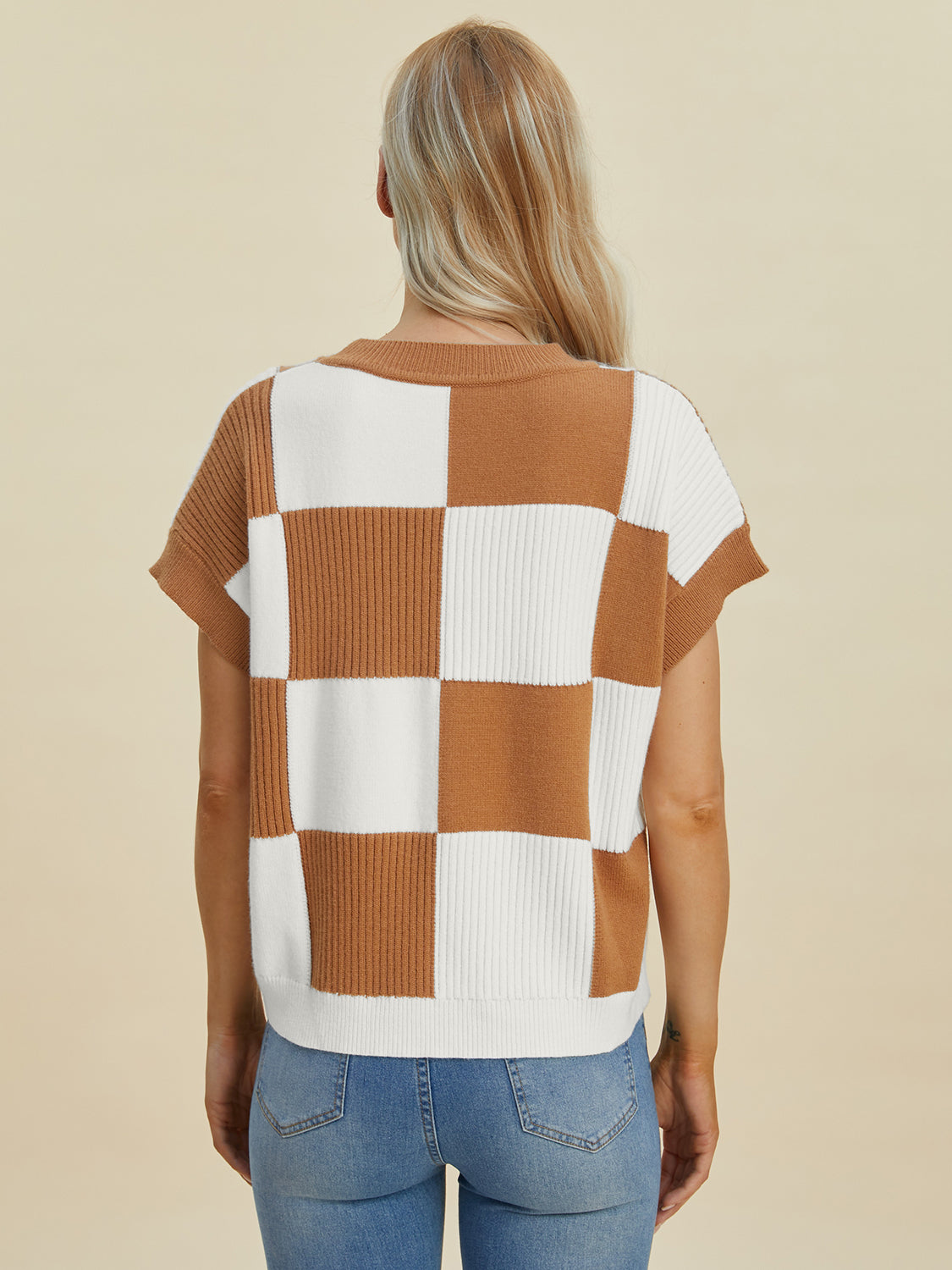 Double Take Full Size Checkered Round Neck Short Sleeve Sweater-Angel Casuals