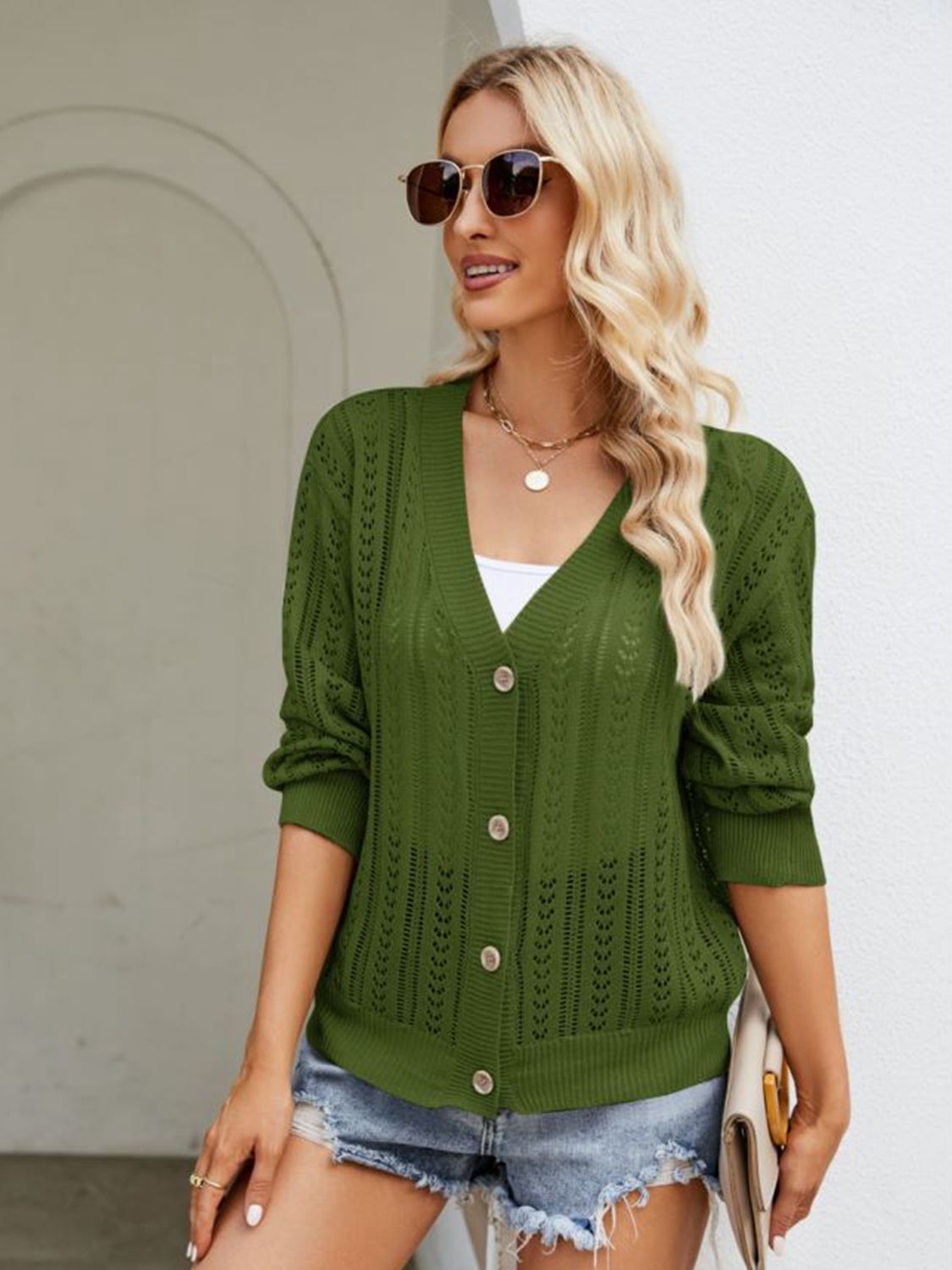 Button Down Ribbed Trim Cardigan-Angel Casuals