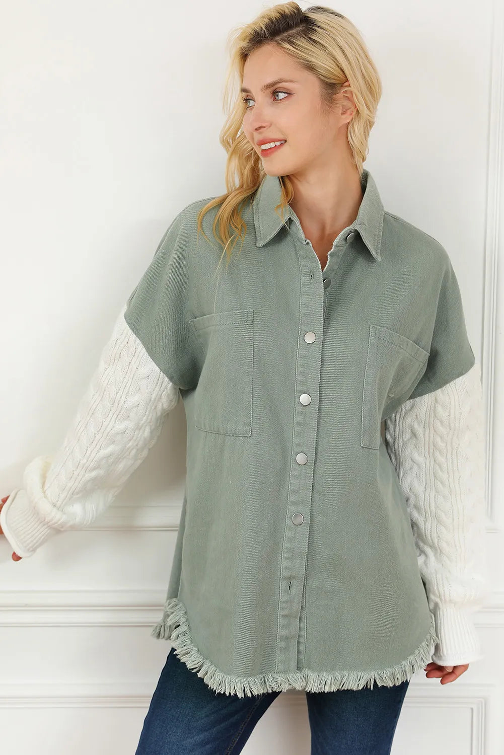 Raw Hem Collared Neck Button Up Long Sleeve Jacket-Angel Casuals