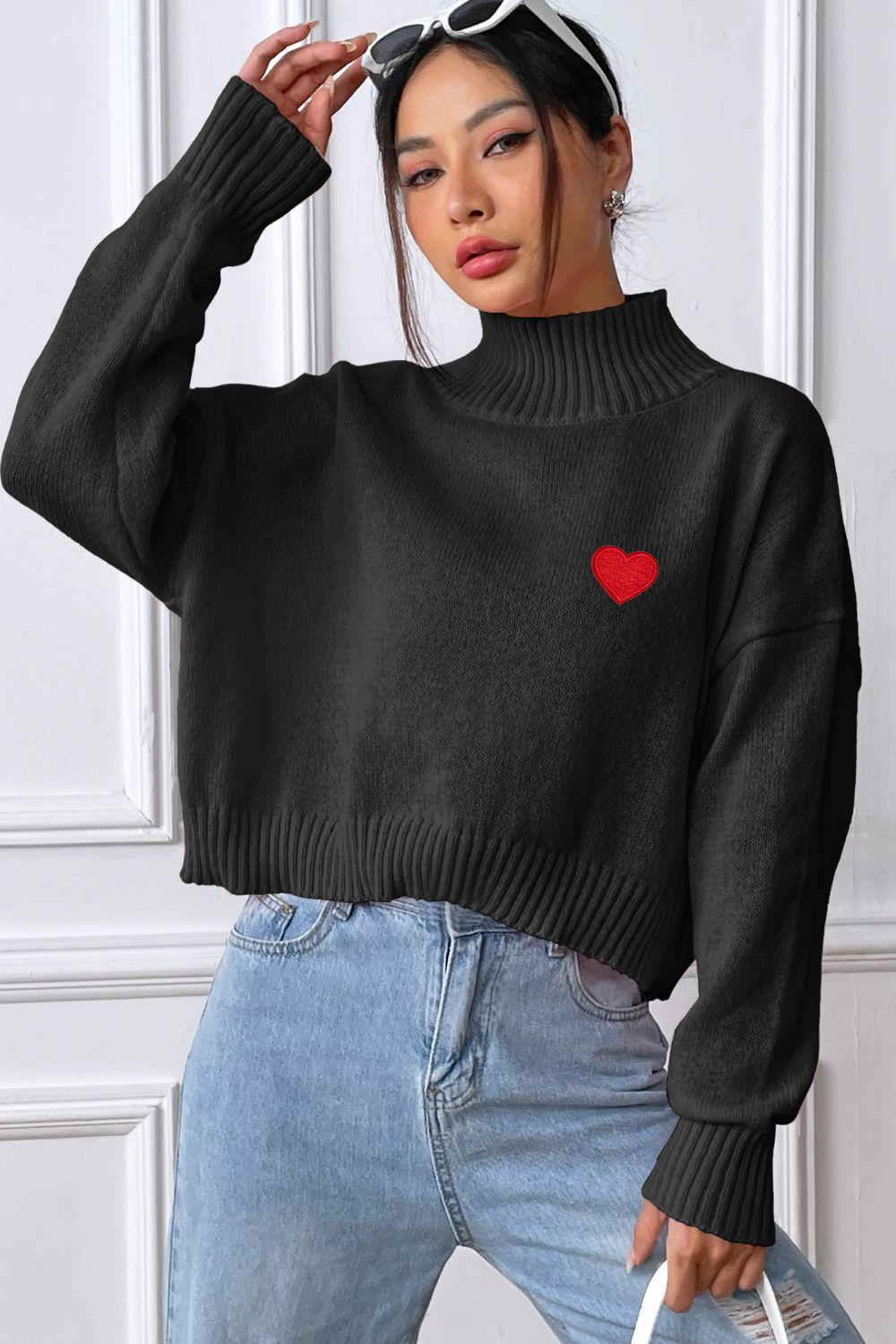 Heart Turtleneck Long Sleeve Sweater-Angel Casuals