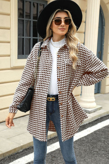 Houndstooth Button Up Dropped Shoulder Coat-Angel Casuals