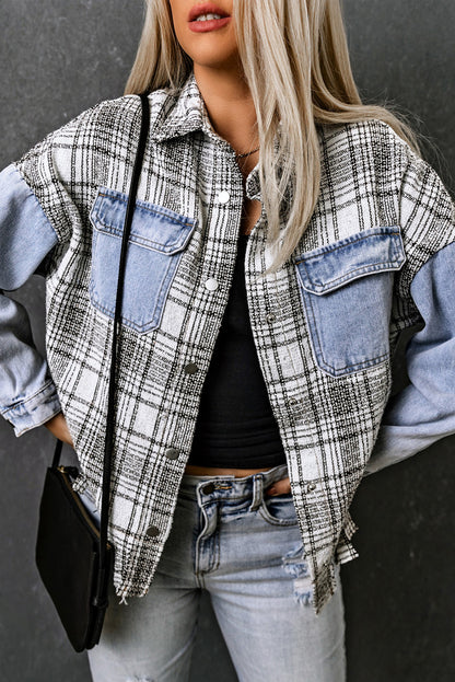 Plaid Pocketed Snap Down Denim Jacket-Angel Casuals