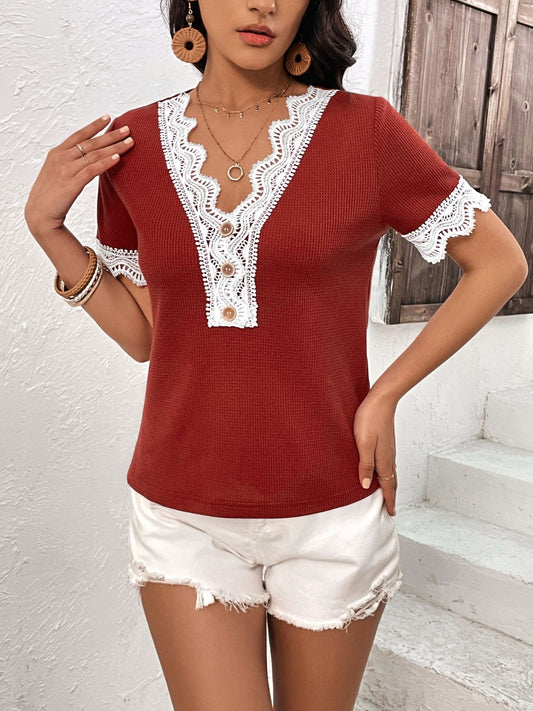 Lace Detail V-Neck Short Sleeve T-Shirt-Angel Casuals