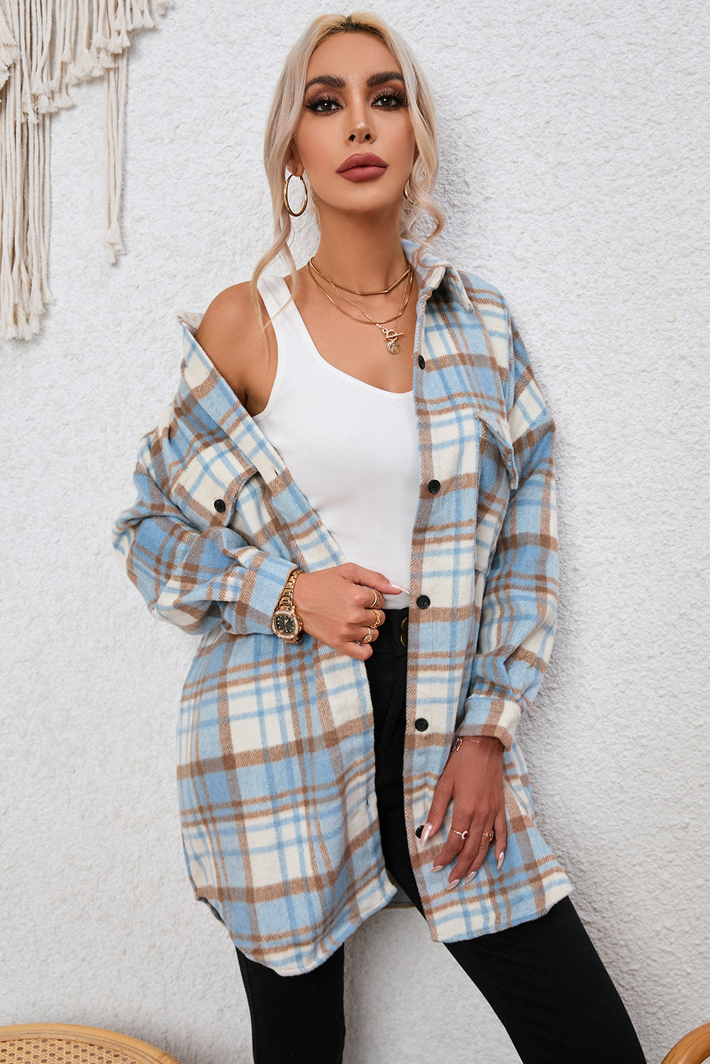 Plaid Dropped Shoulder Shirt Jacket-Angel Casuals