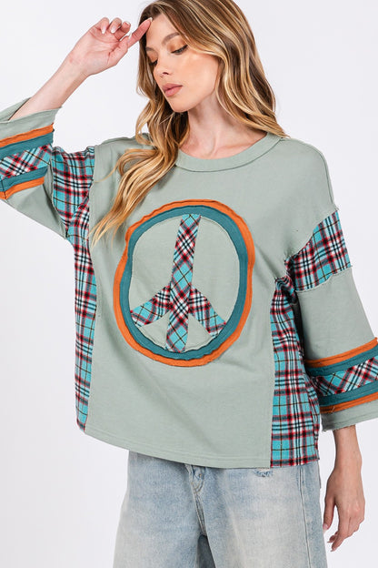 SAGE + FIG Peace Applique Patch Contrast Plaid Top-Angel Casuals