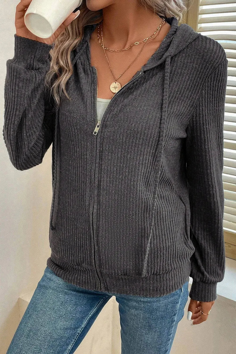 Drawstring Zip Up Long Sleeve Hooded Jacket-Angel Casuals