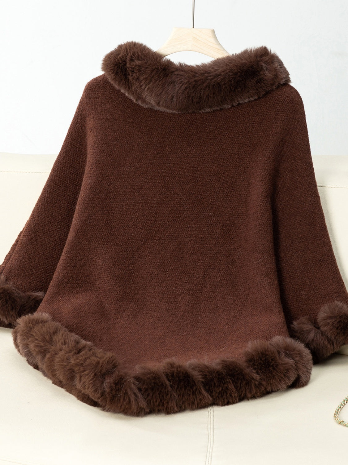 Fuzzy Trim Texture Three-Quarter Sleeve Poncho-Angel Casuals