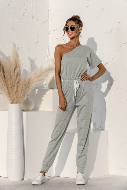 Single Shoulder Short Sleeve Jumpsuit-Angel Casuals