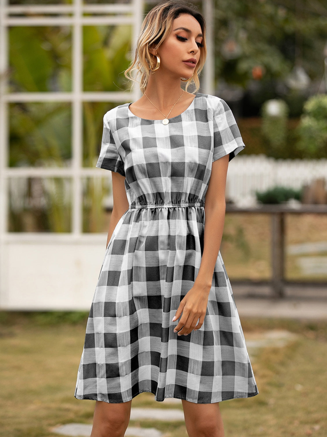 Smocked Plaid Round Neck Short Sleeve Dress-Angel Casuals