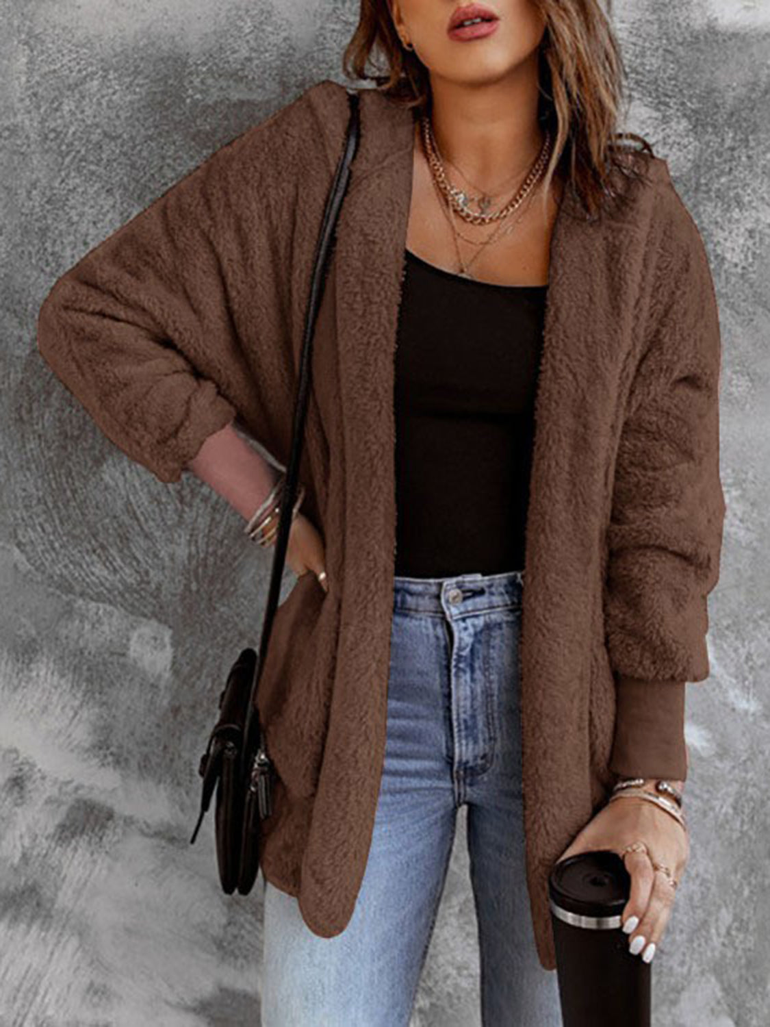 Open Front Hooded Faux Fur Outwear with Pockets-Angel Casuals