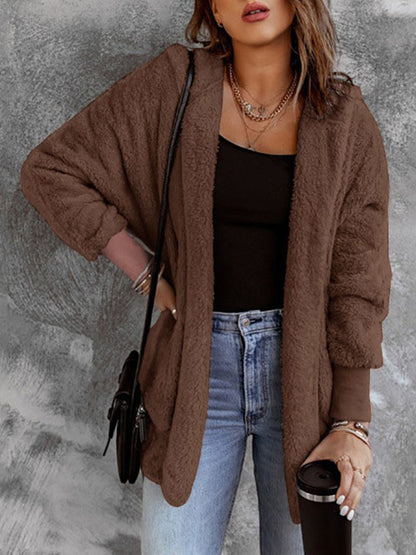 Open Front Hooded Faux Fur Outwear with Pockets-Angel Casuals