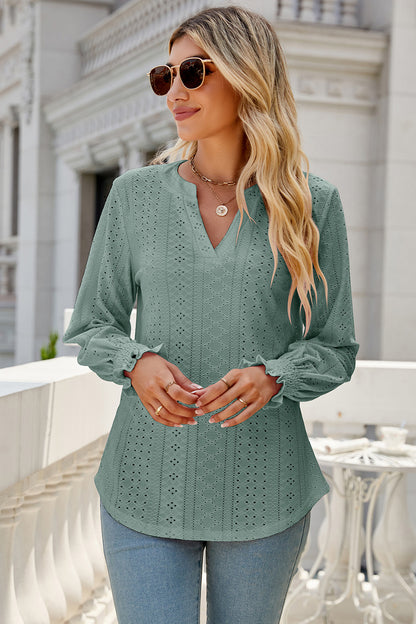 Eyelet Notched Lantern Sleeve T-Shirt-Angel Casuals
