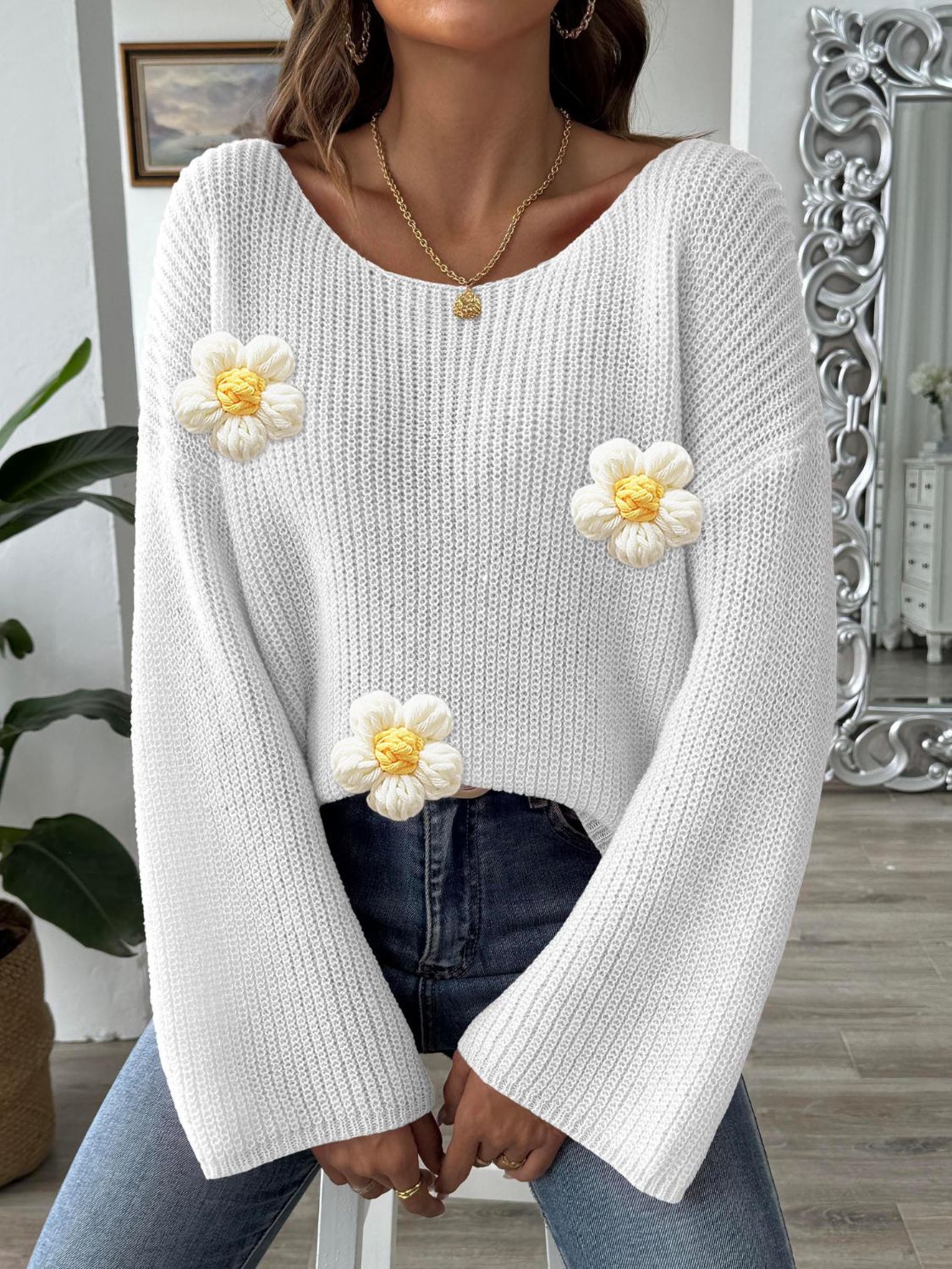 Flower Round Neck Long Sleeve Sweater-Angel Casuals